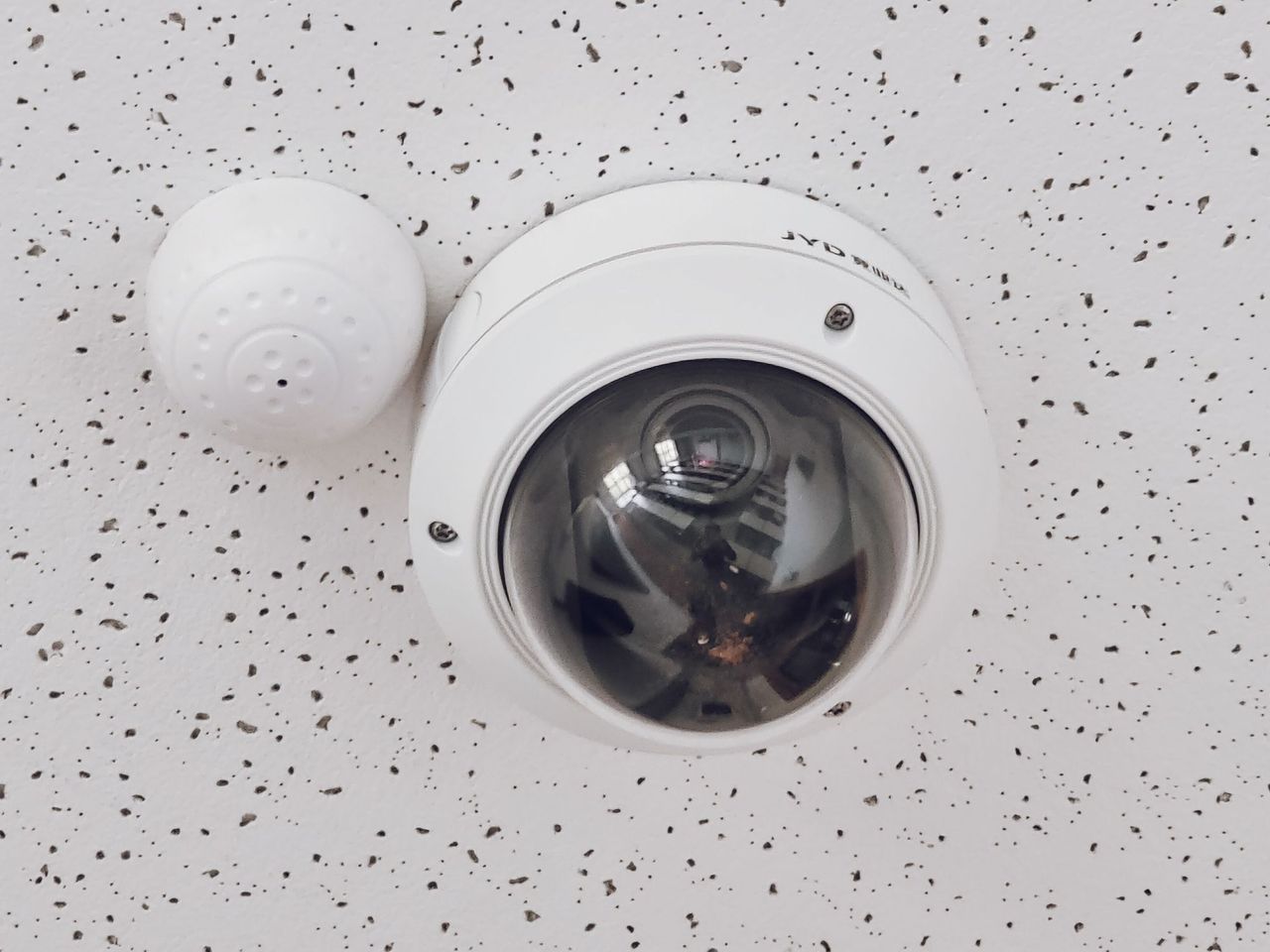 Dome security camera mounted on an office ceiling