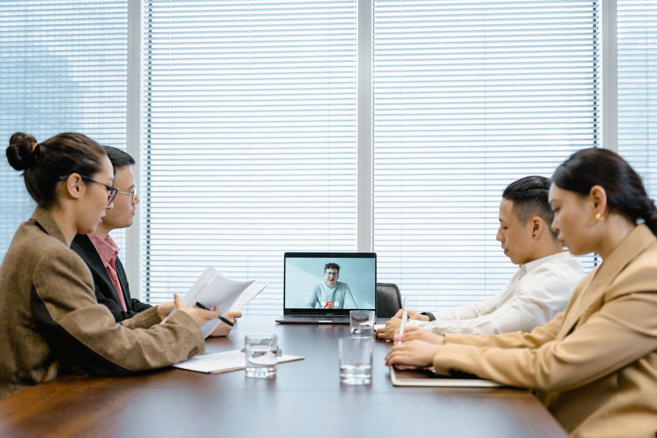 Video call in progress in a conference room